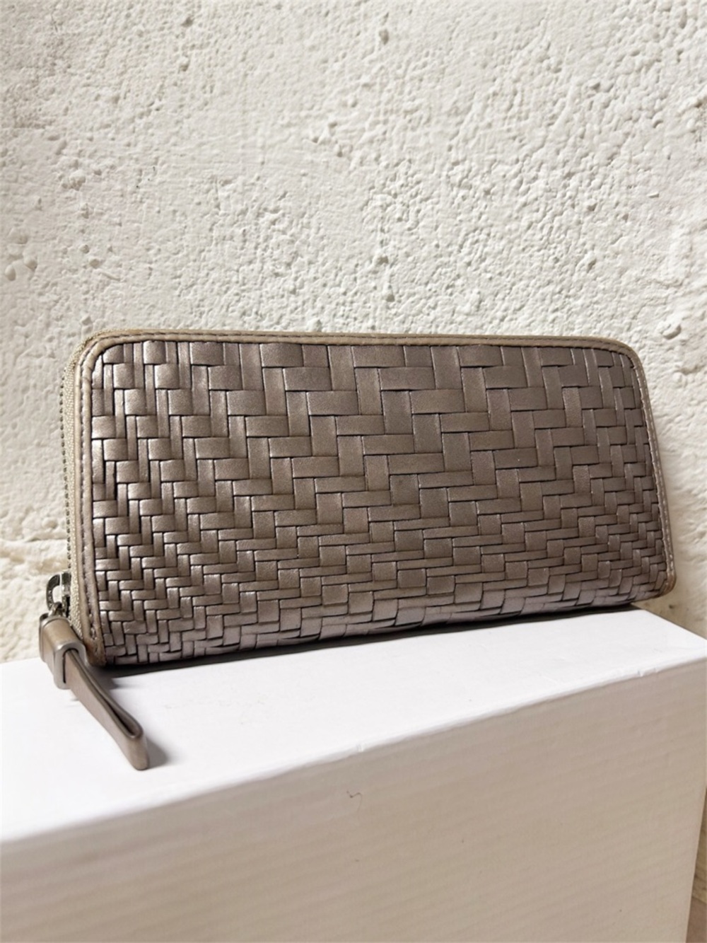 Cole Haan Genevieve Weave Large Leather Continental Wallet Woven Pewter Metallic